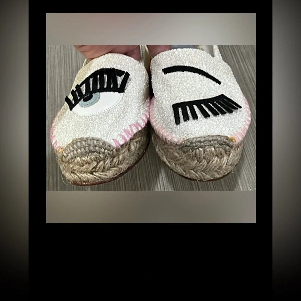 Chiara Ferragni Espadrille Jute Platforms w/ Winking Eye White  Glitter Size 5